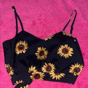 Sunflower Print Black Crop Top